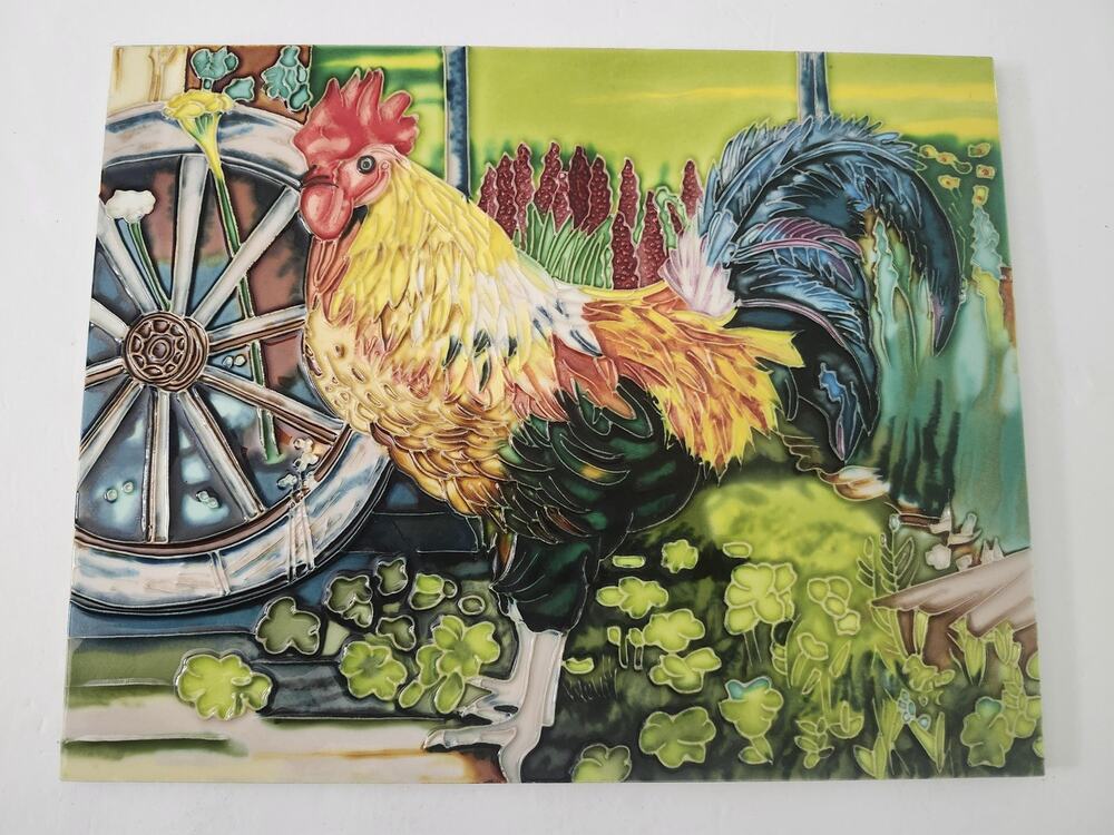 En Vogue Rooster Country Wagon Wheel Ceramic Art Tile Decorative Trivet Hanger